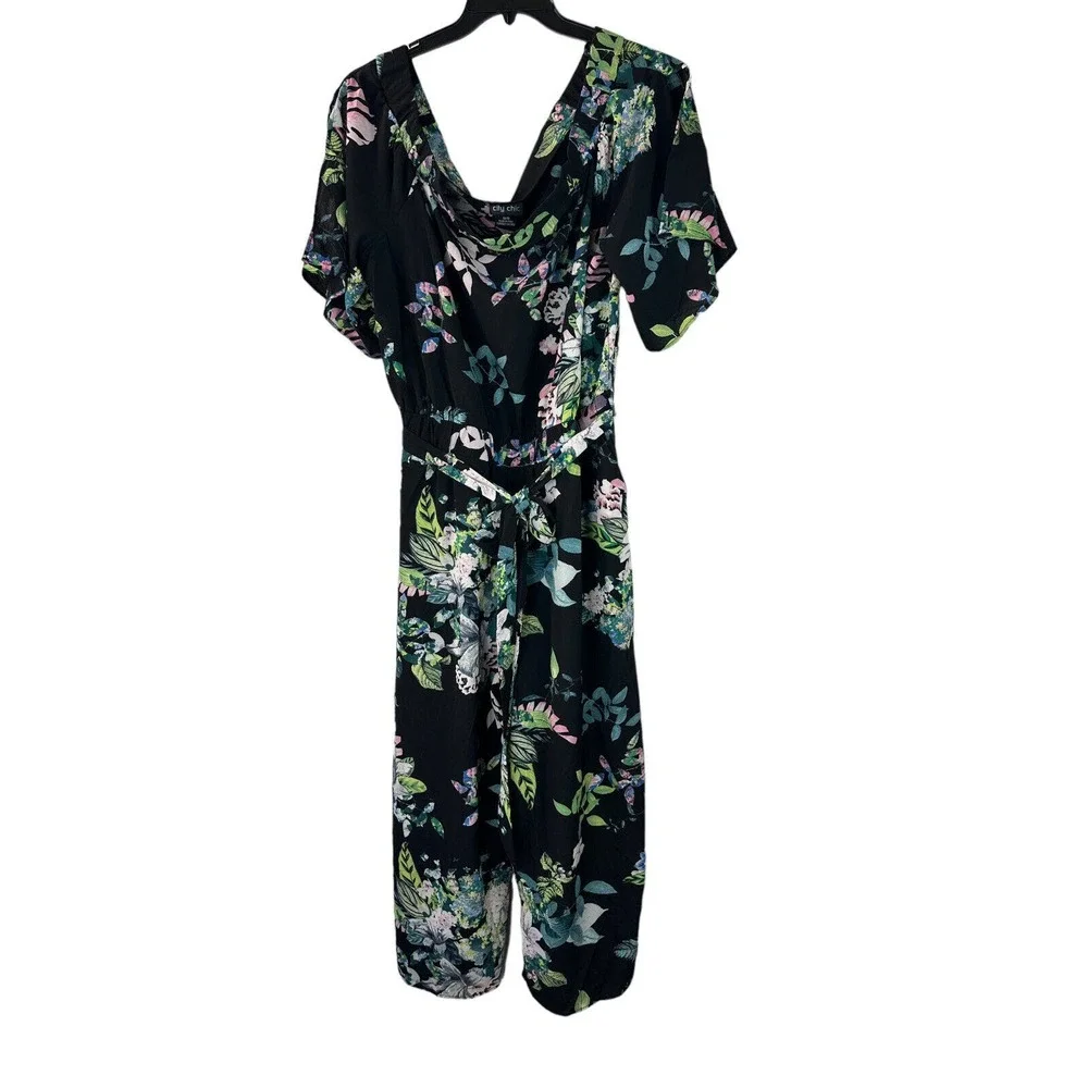 NWT City Chic Kalani Jumpsuit Tie Belt Black Blue Floral Pockets Plus Size M 18 - Picture 4 of 12